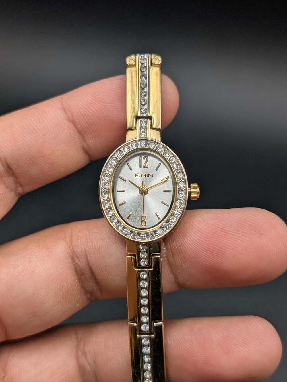 Vintage Elgin Gold-Tone Crystal Bezel Ladies Dress Watch, Rhinestone Link Bracel